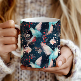 Caneca De Café Padrão Colorido de Beija-flores e Flores de Invern
