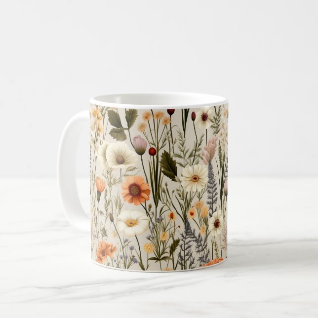 Caneca De Café Padrão Colorido de Flores Selvagens (Frente Esquerda)