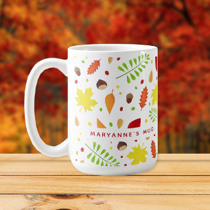 Caneca De Café Padrão colorido de folhas de outono com nome perso