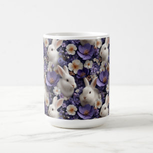 Caneca De Café Padrão com Coelhos Brancos e Flores Roxas