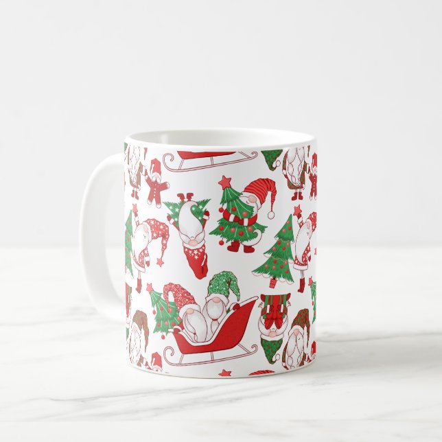 Caneca De Café Padrão Completo de Gnomos de Natal e Trenós (Frente Esquerda)