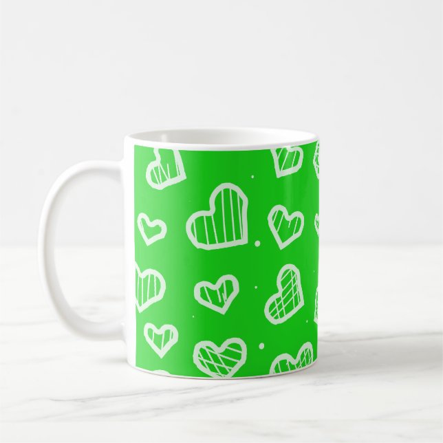 Caneca De Café Padrão contínuo Corações Artísticos Fundo Verde  (Esquerda)