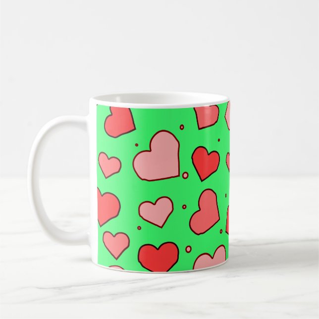 Caneca De Café Padrão contínuo de Corações em Fundo Verde  (Esquerda)