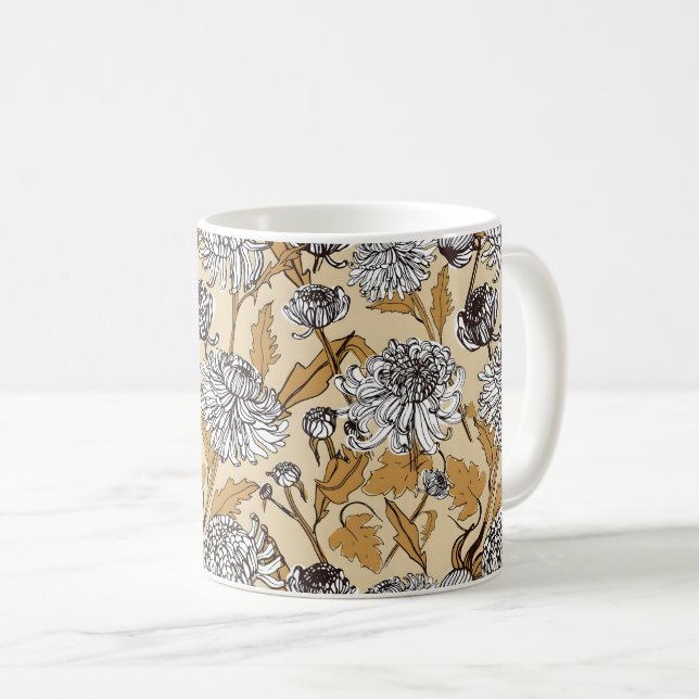 Caneca De Café Padrão contínuo de flor de crisântemo (Frente Esquerda)
