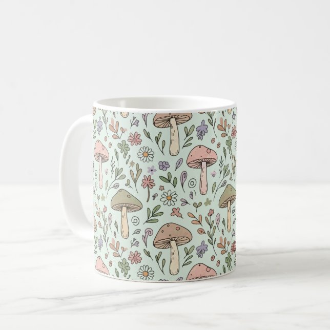 Caneca De Café Padrão contínuo de fungos botânicos em verde menta (Frente Esquerda)