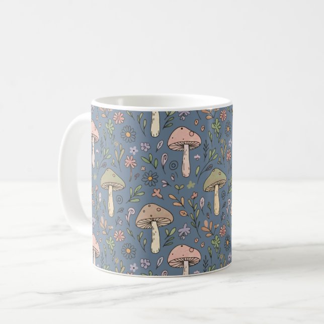 Caneca De Café Padrão contínuo de fungos cinza ardósia profundo e (Frente Esquerda)