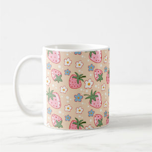 Caneca De Café Padrão contínuo de morango e margarida fofos