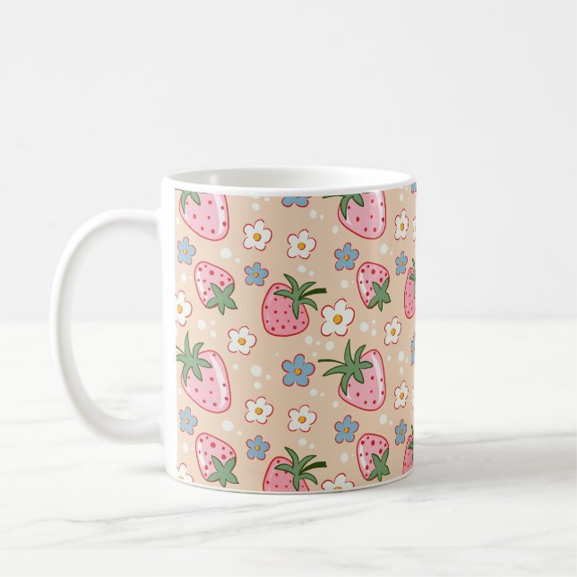Caneca De Café Padrão contínuo de morango e margarida fofos (Esquerda)