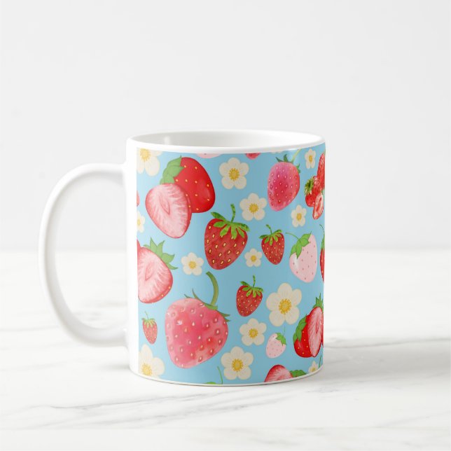 Caneca De Café Padrão contínuo de morango em aquarela fofa (Esquerda)