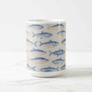 Caneca De Café Padrão contínuo de peixes desenhados à mão vintage