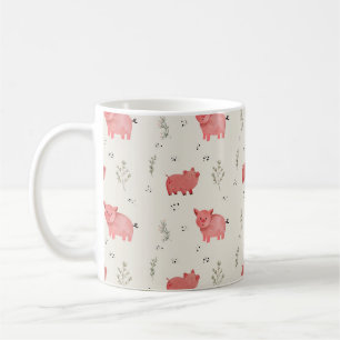 Caneca De Café Padrão contínuo de porcos e flores em aquarela