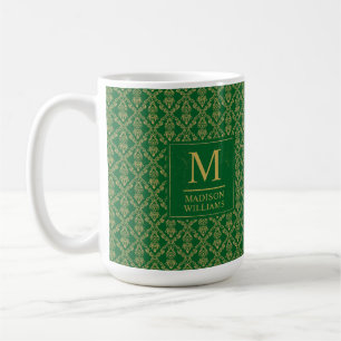 Caneca De Café Padrão Damask Seamless Verde Esmeralda e Dourado