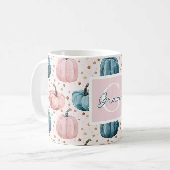 Caneca De Café Padrão de Abóbora de Aquarela com nome (Frente Esquerda)