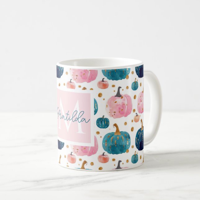 Caneca De Café Padrão de Abóbora de Aquarela com nome (Frente Esquerda)
