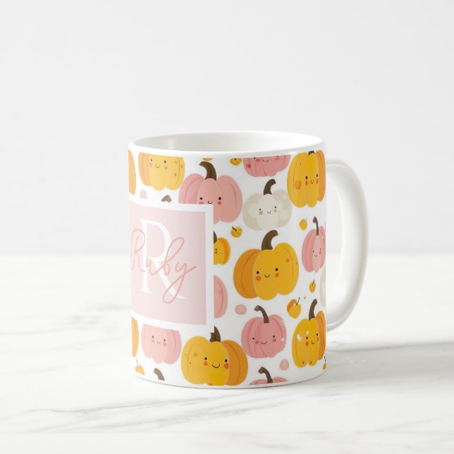 Caneca De Café Padrão de Abóbora de Aquarela com nome (Frente Esquerda)