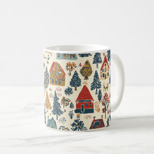 Caneca De Café Padrão de Aldeia de Natal Floresta Vermelha Marinh