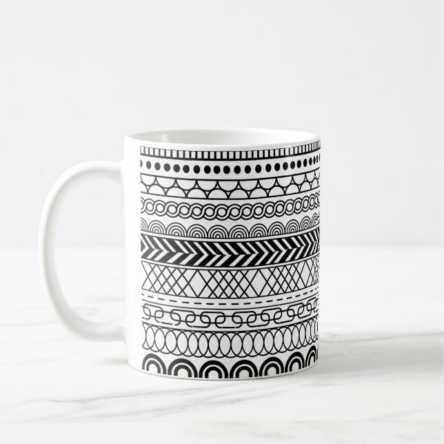Caneca De Café Padrão de Amostragem de Borda Geométrica Preto e B (Esquerda)