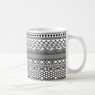 Caneca De Café Padrão de Amostras de Borda Geométrica Preto e Bra