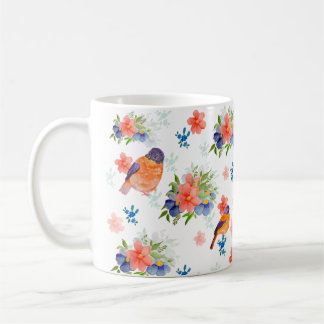 Caneca De Café Padrão de aquarela com aves e flores