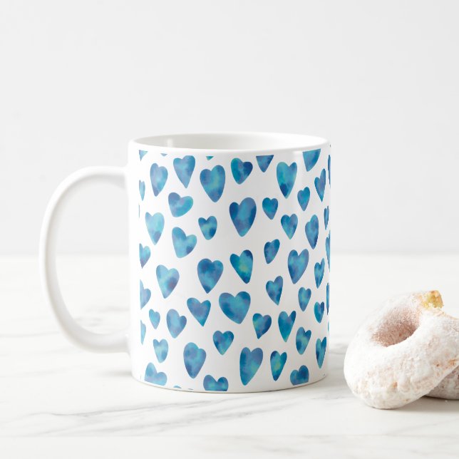Caneca De Café padrão de aquarela Coração Azul (Com Donut)