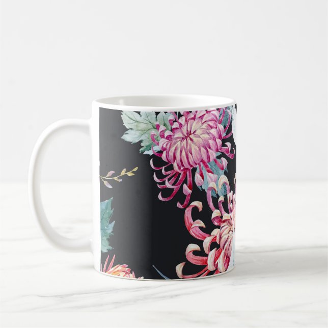 Caneca De Café Padrão de Aquarela de Crane Vermelha Chrysanthemum (Esquerda)