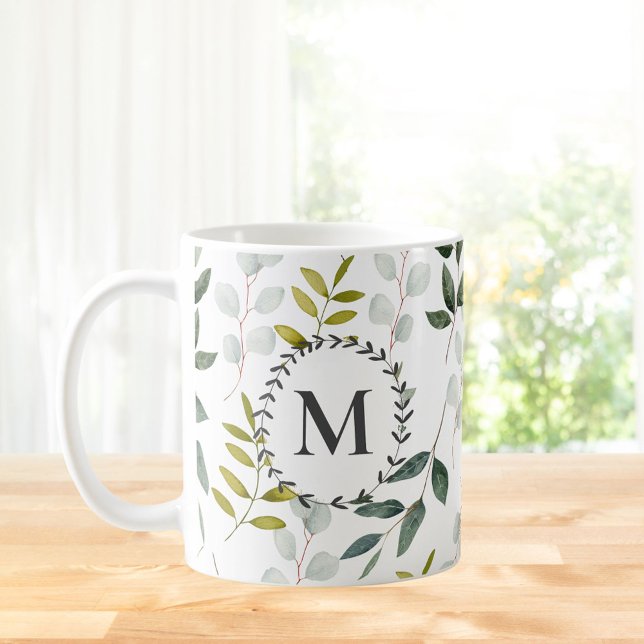 Caneca De Café Padrão de Aquarela de Folhas Verdes Monogramadas (In situ)