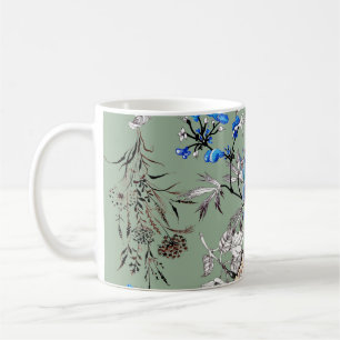 Caneca De Café Padrão de Aquarela Floral de Fundo Verde.