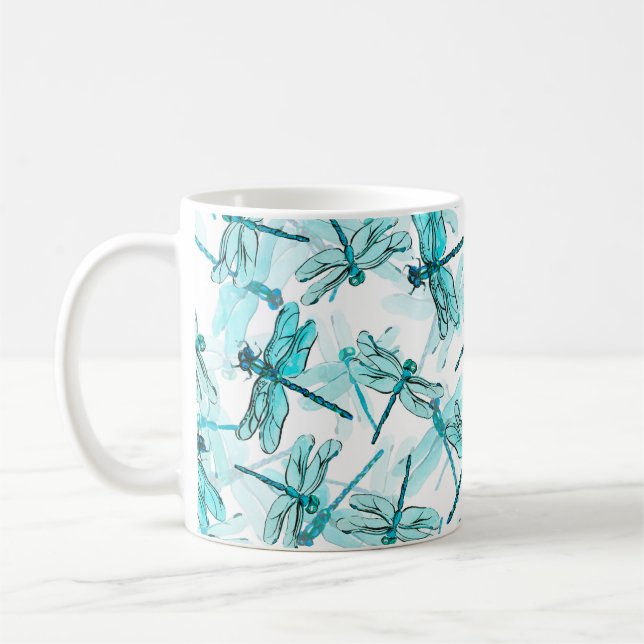 Caneca De Café Padrão de aquarela sem costura com libélula elegan (Esquerda)