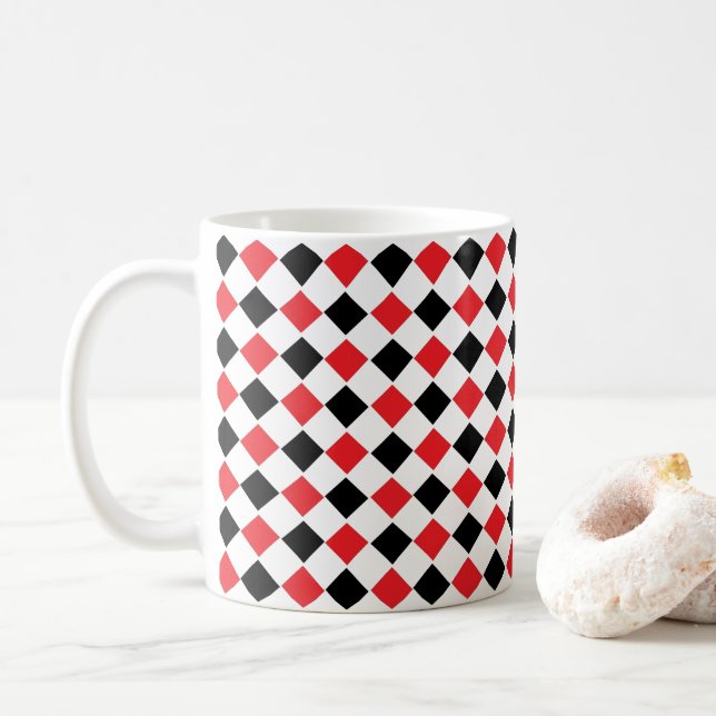 Caneca De Café Padrão de Argyle Preto e Vermelho (Com Donut)