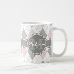 Caneca De Café Padrão de Argyle Rosa e Cinza Monograma
