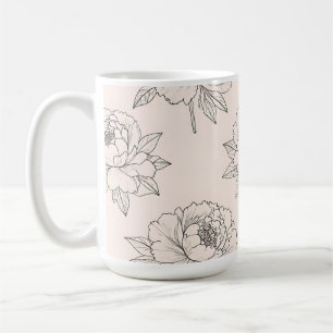 Caneca De Café Padrão de Arte de Linha Floral de Peônia Suave