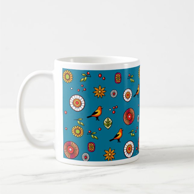 Caneca De Café Padrão de arte popular com aves e flores (Esquerda)