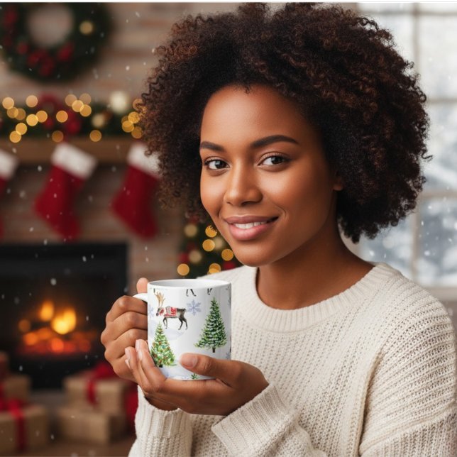 Caneca De Café Padrão de árvore de Natal com renas (Criador carregado)