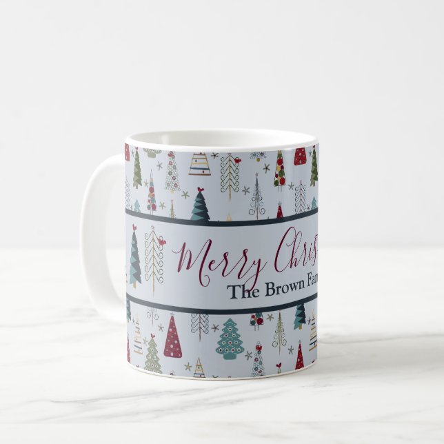Caneca De Café Padrão de Árvore de Natal Mínimo Moderno Vermelho  (Frente Esquerda)
