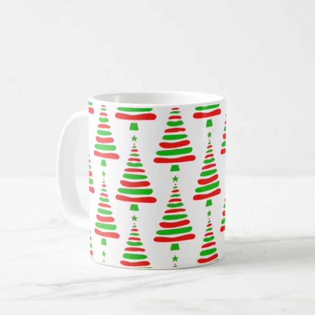 Caneca De Café padrão de árvore de Natal vermelho e verde doodle  (Frente Esquerda)