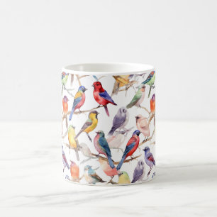 Caneca De Café Padrão de Aves Vintage com Aquarela