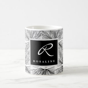 Caneca De Café Padrão de Azulejo Botânico preto e branco monogram