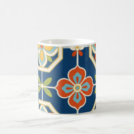 Caneca De Café Padrão de Azulejo Floral Retro Azul Naval Laranja 