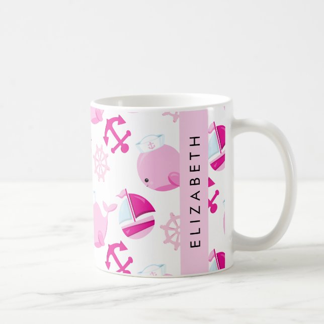 Caneca De Café Padrão De Baleias, Baleias Rosa, Seu Nome (Direita)