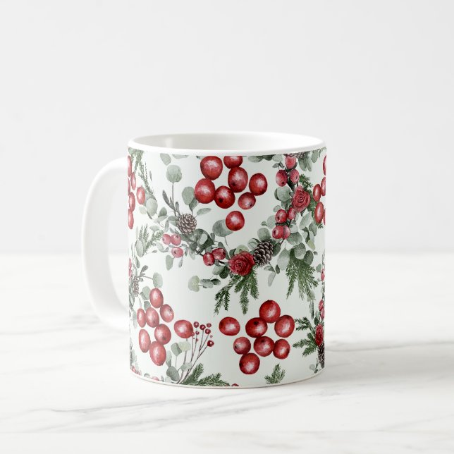 Caneca De Café Padrão de Berries de Aquarelas de Natal (Frente Esquerda)
