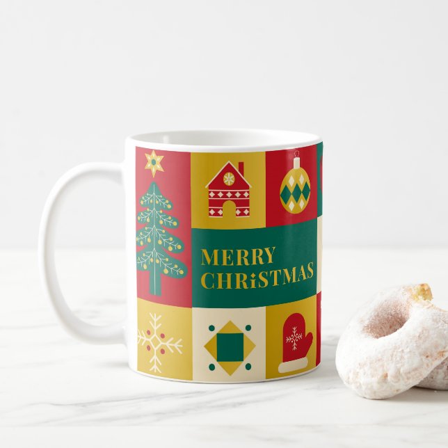 Caneca De Café padrão de bloco de Natal estilo bauhaus (Com Donut)