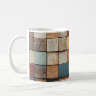 Caneca De Café Padrão de Blocos de Madeira Coloridos Rústicos