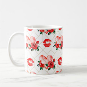 Caneca De Café Padrão de Boca Beijando Com Coração e Rosas Vermel