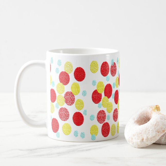Caneca De Café Padrão de Bolinhas Amarelo Vermelho e Azul (Com Donut)