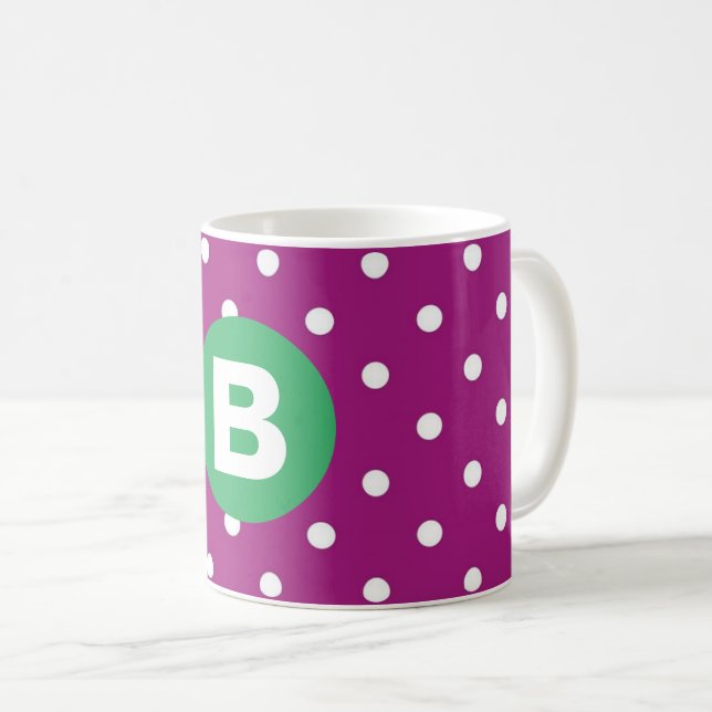 Caneca De Café Padrão de Bolinhas Roxas Monograma Verde (Frente Esquerda)