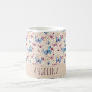 Caneca De Café Padrão de borboleta azul rosa em aquarela nome
