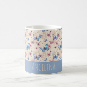 Caneca De Café Padrão de borboleta azul rosa em aquarela nome