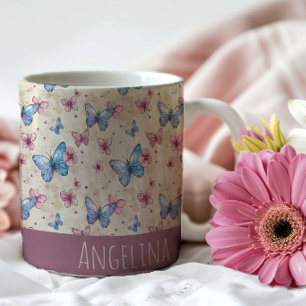Caneca De Café Padrão de borboleta azul rosa em aquarela nome