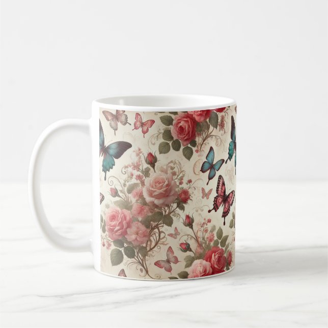 Caneca De Café Padrão de borboleta e Rosa (Esquerda)