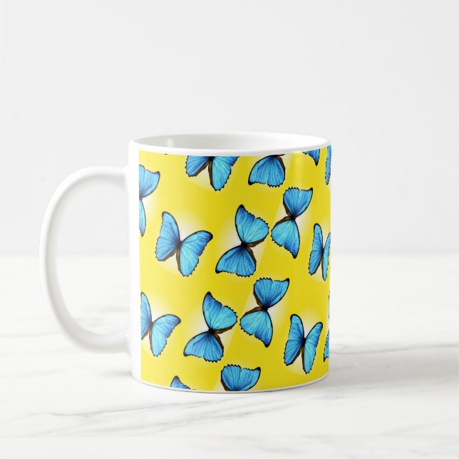 Caneca De Café Padrão de borboletas azuis em amarelo (Esquerda)
